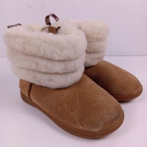UGG Fluff Mini Quilted Boots 8 Chestnut Suede Sheepskin Fur Trim Ankle Booties